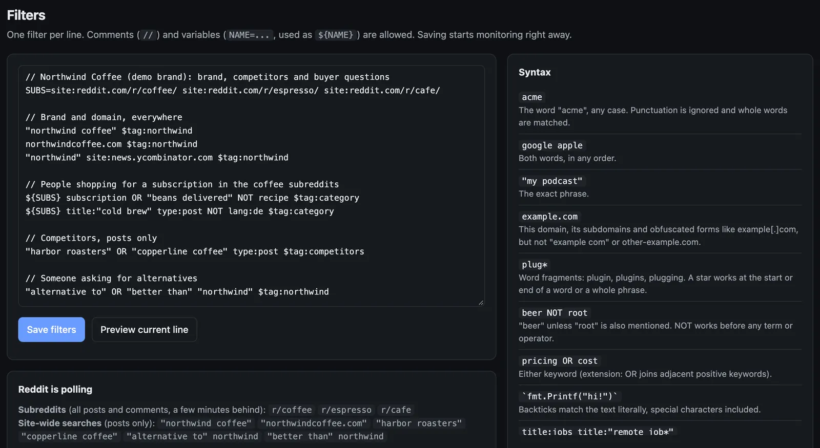 The Earshot filter editor with seven demo filters for Northwind Coffee, a panel listing the subreddits and site-wide searches Reddit is polling as a result, and a syntax reference beside it.