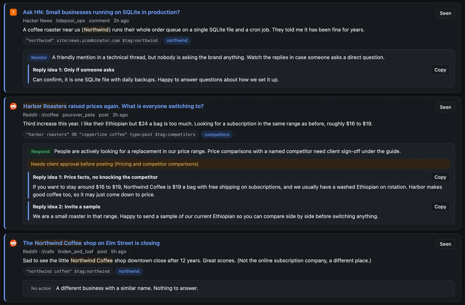 Three demo matches in the Earshot inbox: a Hacker News comment labeled Monitor with one draft, a Reddit post about a competitor's price rise labeled Respond with a needs-client-approval warning and two drafts, and a post about a different business labeled No action.