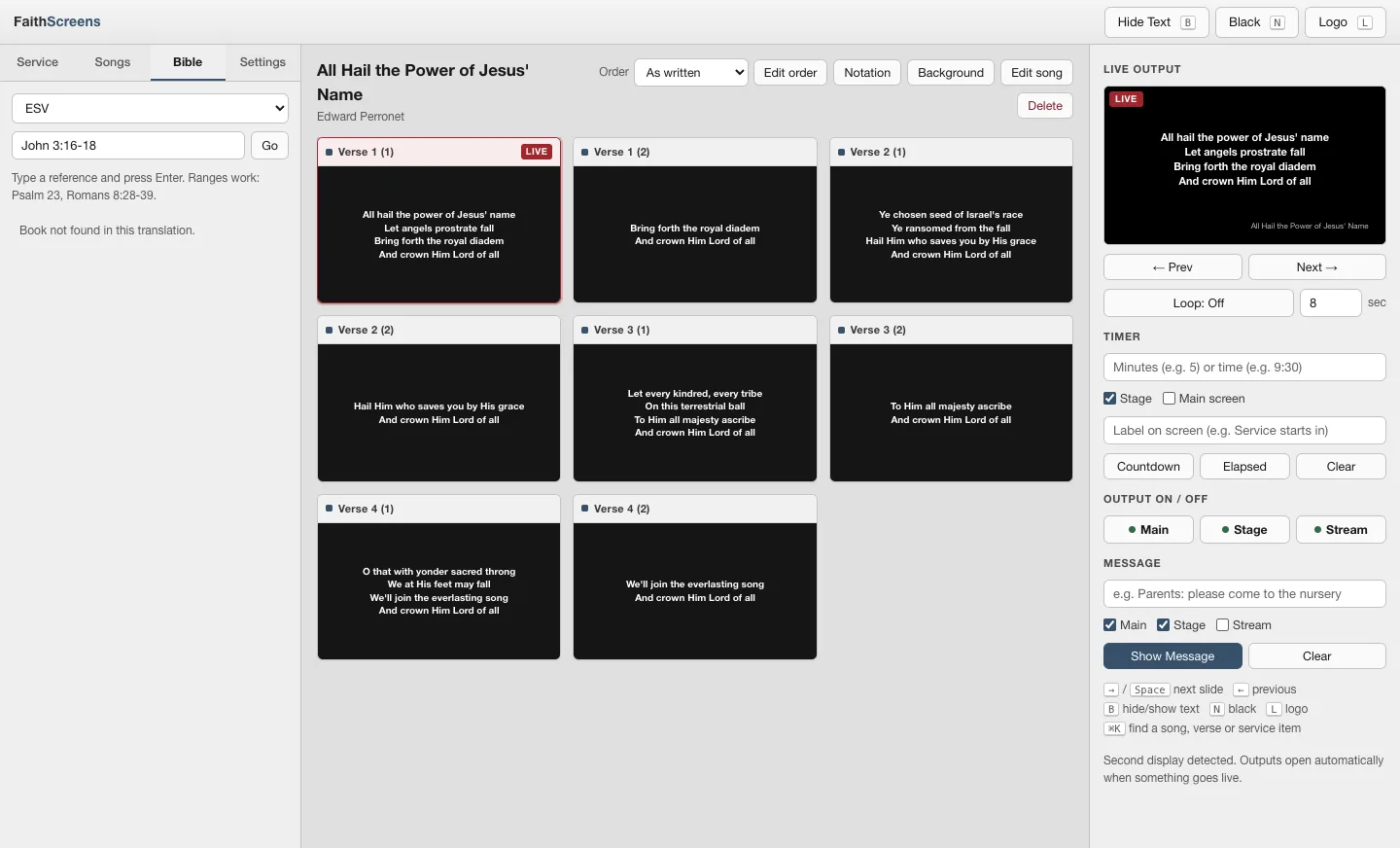 The Bible tab with John 3:16-18 looked up: every verse listed on the left and turned into its own slide, the first one marked live, and that verse shown in the live preview.