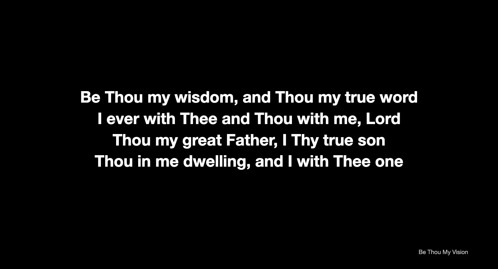 Main projector output showing a hymn verse in large white text over a dark blue and plum gradient, with the song title in small text at the bottom right.