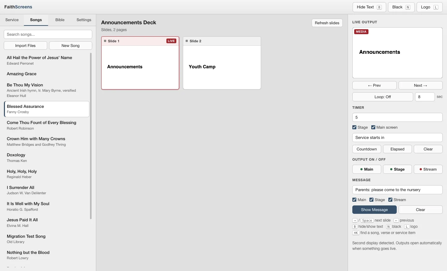 An announcements deck imported into FaithScreens: its pages shown as slides with the first one live, a Refresh slides button in the header to pull the latest version from the original file, and the live preview on the right.