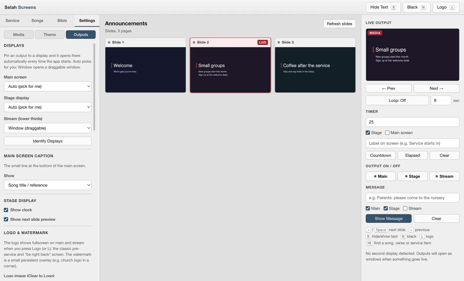 Settings, Outputs tab with display assignments for the main screen, stage display and stream, caption and stage options, next to an imported three-page announcements deck with its second slide live and a Refresh slides button.